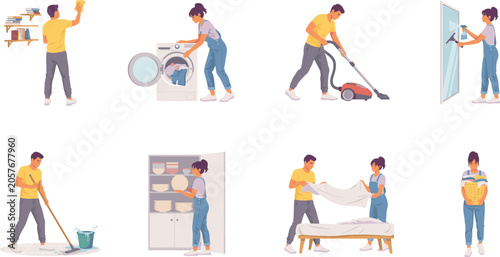 Young Couple Doing Housework Together Character Set with Mopping Vacuuming Laundry and Dusting Scenes for Domestic House Cleaning Service Banner Designs