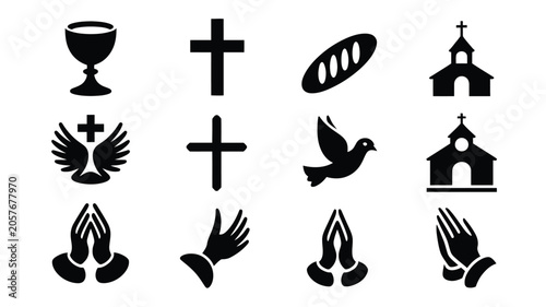 Schilderij op canvas Religious symbol collection with various cross styles church buildings and praying hands