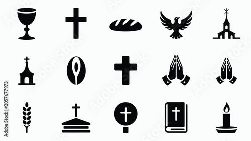Foto Christian religious icon set featuring holy communion chalice bread cross bible and dove