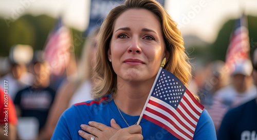 Emotional Woman Holding American Flag at Rally, Patriotism