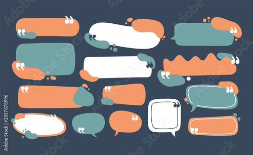 A collection of blank quote templates, speech bubbles, and text frames featuring soft organic abstract shapes, quotation marks, and a retro color palette of orange, teal, and white on dark blue.