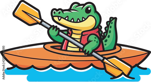 Cute cartoon alligator vector character smiling while sitting in an orange kayak and holding a paddle. Perfect for children's outdoor sports decorations, adventure branding, playful reptile stickers.