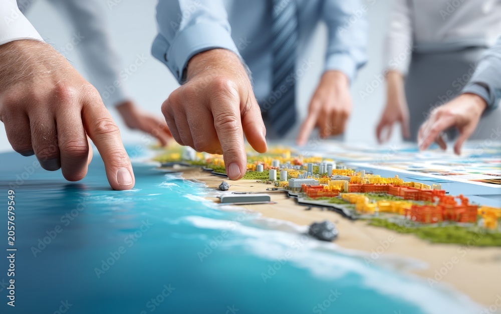 Obraz premium Team Analyzing Coastal Terrain Model with Projected Data Display