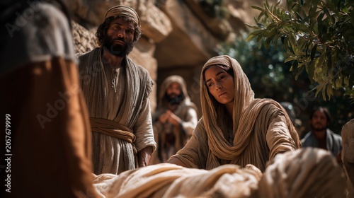 Faithful Followers Wrapping Jesus in White Burial Cloth Near the Garden Tomb While Women Watch Nearby Beneath Trees Beside the Stone Sepulcher