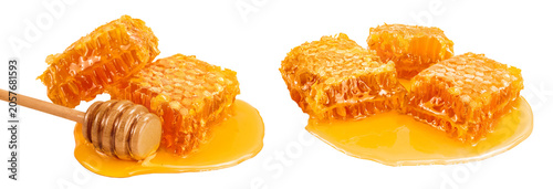 Honeycombs and honey puddle isolated on white background with  full depth of field