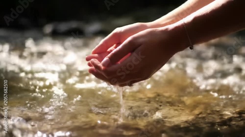 Clean, anonymous hands scoop crystal-clear water from a pristine forest stream with moss-covered rocks, bathed in soft golden hour light, dappled through emerald foliage, with creamy bokeh. Concept