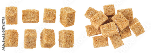 brown sugar cubes isolated on white background. Top view, flat lay