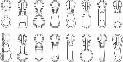 фотографія Collection of various metal zipper puller icons in flat outline style for garment hardware and fashion design accessories image_df70fe