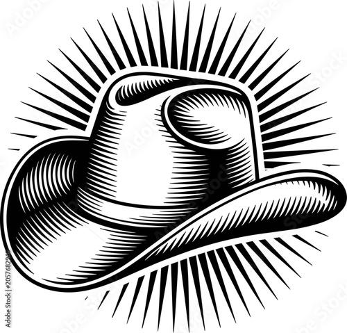 Engraved black and white illustration of a classic cowboy hat with sunburst background for western style graphic design image_de8b84.jpg.