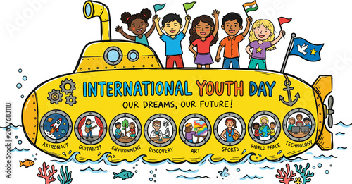 International Youth Day kids on yellow submarine with future career icons, vector illustration for dreams and aspirations celebration designs