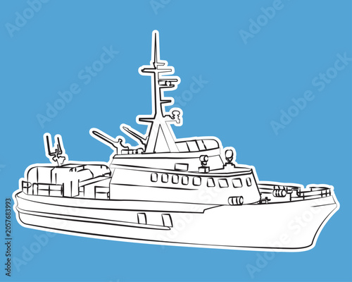 Modern Patrol Vessel Line Art Illustration Isolated on Gray Background