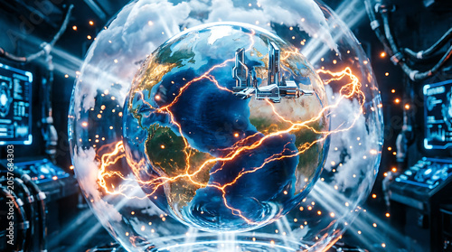 Abstract blue fractal technology background of global digital communication network internet world map concept