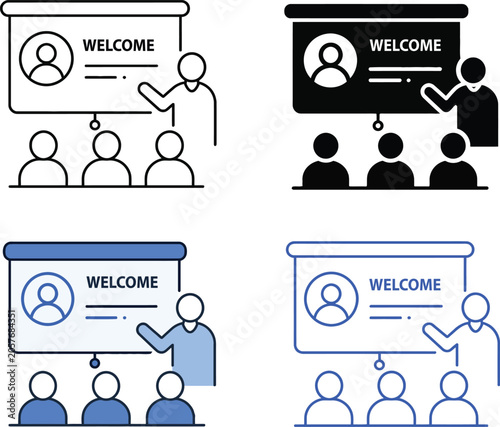 Illustrated presentation welcome scene with audience
