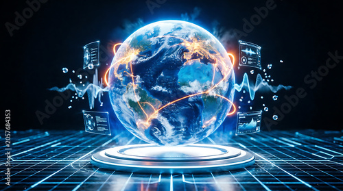 Global communication and business network technology connecting world map with digital internet data concept illustration