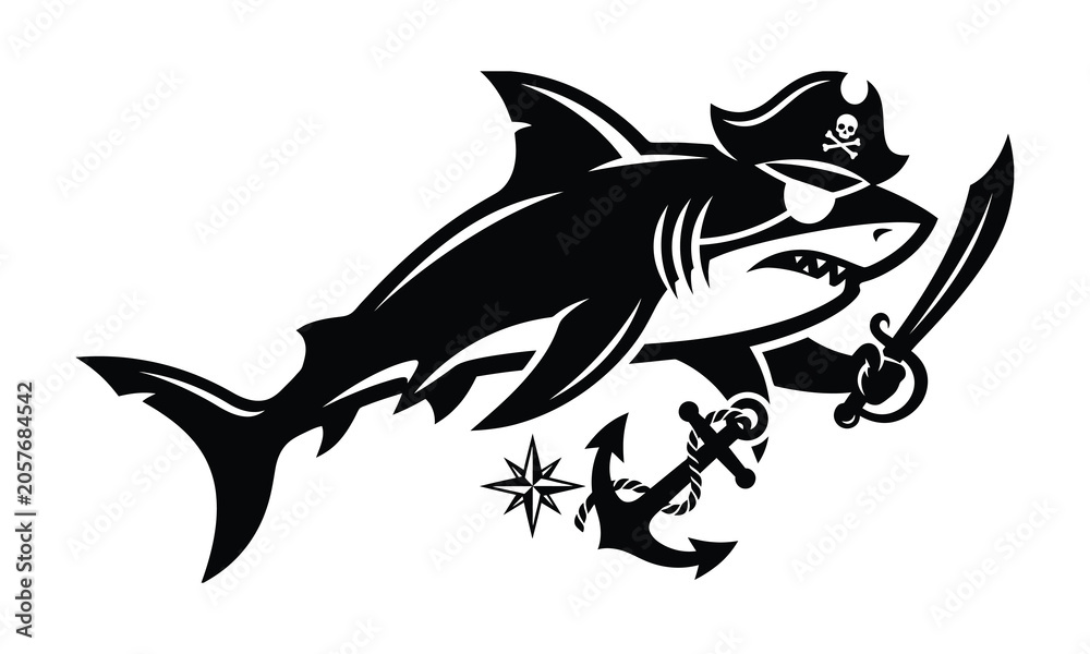 Fototapeta premium Pirate shark silhouette, shark with eyepatch vector, pirate shark illustration, bandana shark graphic, shark pirate mascot, skull shark design, pirate predator fish, shark with pirate hat, ocean outla