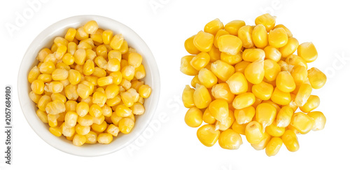 corn seeds in ceramic bowl isolated on white background. Top view. Flat lay