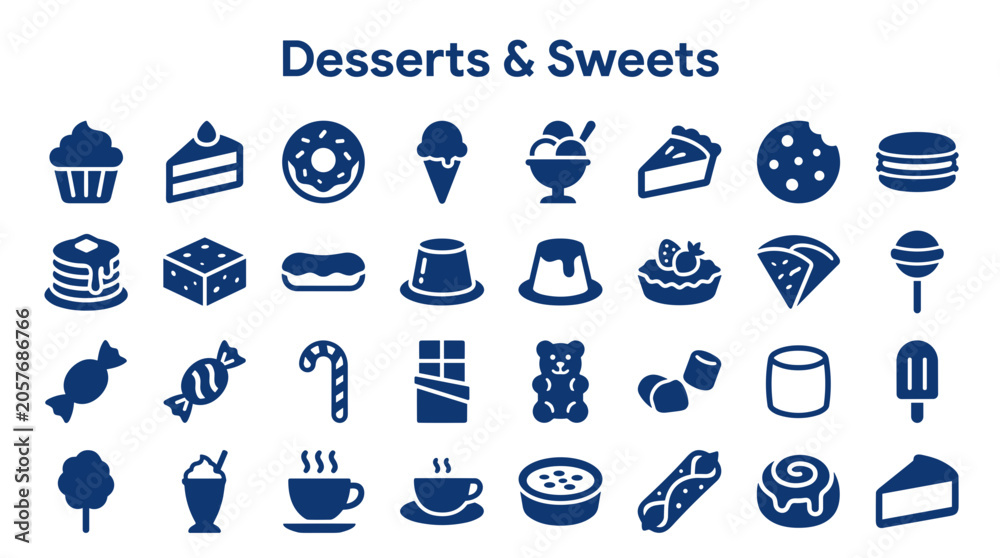Fototapeta premium Collection of delicious dessert and sweet icons representing cakes donuts ice cream cookies and candy for food and bakery concepts