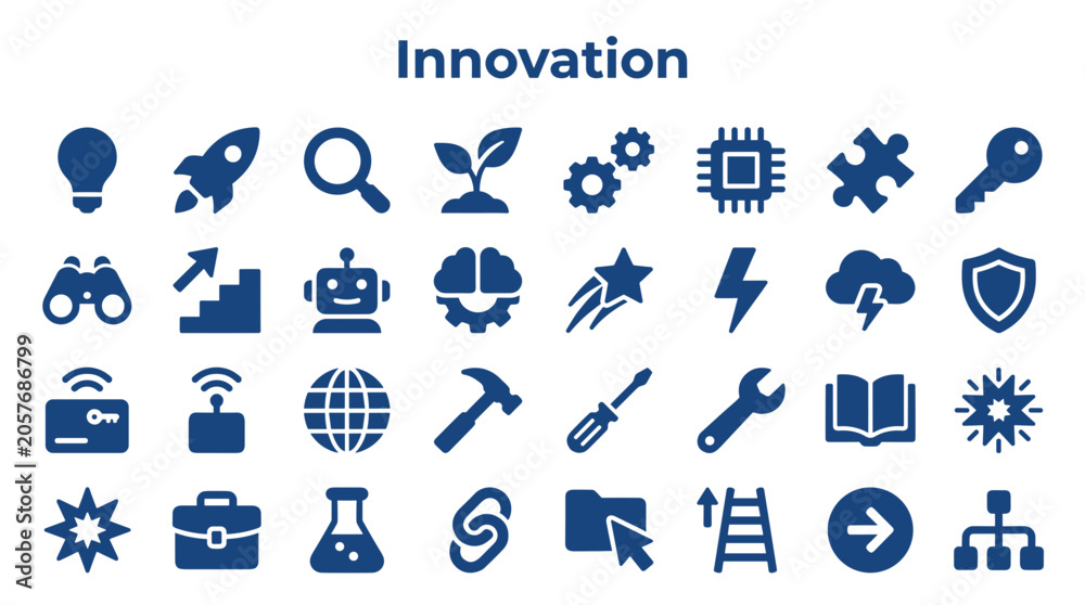Fototapeta premium Collection of innovation and technology icons representing ideas growth creativity and business solutions on a white background