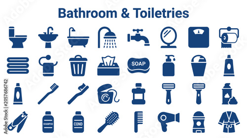 Foto Collection of bathroom and toiletries icons representing personal hygiene and da