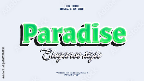 Elegant Paradise Green 3D Text Effect Editable Typography Vector Template For Summer Design