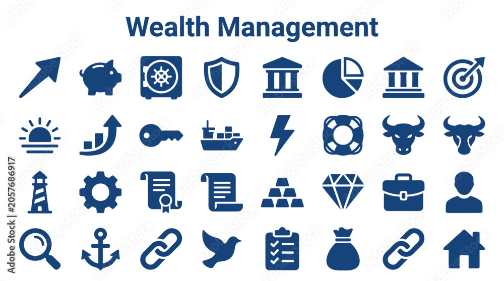 Fototapeta premium Wealth management icons representing financial growth security investment success and business strategy with diverse symbols like piggy bank safe and charts