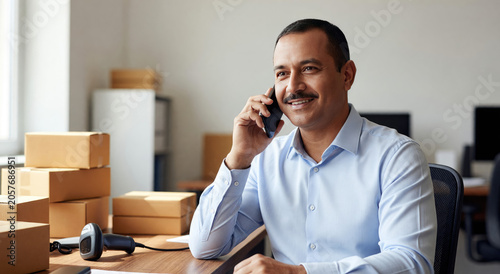 Man entrepreneur talking on smartphone at warehouse desk with parcel boxes. Hispanic logistics manager coordinating shipping and delivery. Small business owner managing order processing.