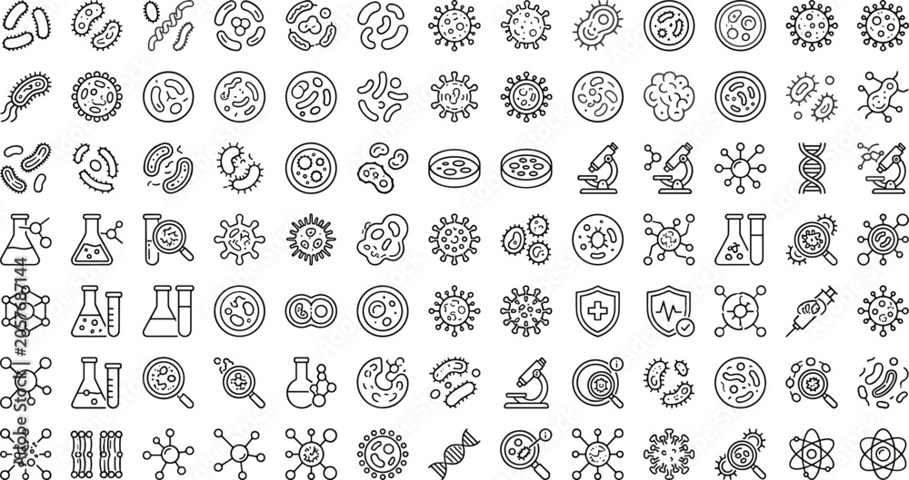 Fototapeta premium Generative AI vector illustration of bacteria and virus line icon set featuring laboratory science microbiology research and healthcare symbols