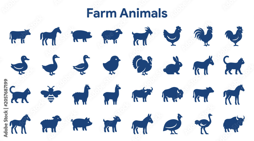 Fototapeta premium Collection of farm animal icons representing domestic livestock and poultry in silhouette on a white background agricultural concept