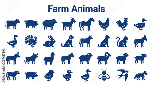 Quadro su tela Collection of Farm Animals and Wildlife Icons in Silhouette Style for Educationa