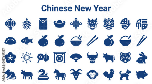 Photography Chinese New Year Icons Set Festive Symbols Zodiac Animals Lanterns Decorations a