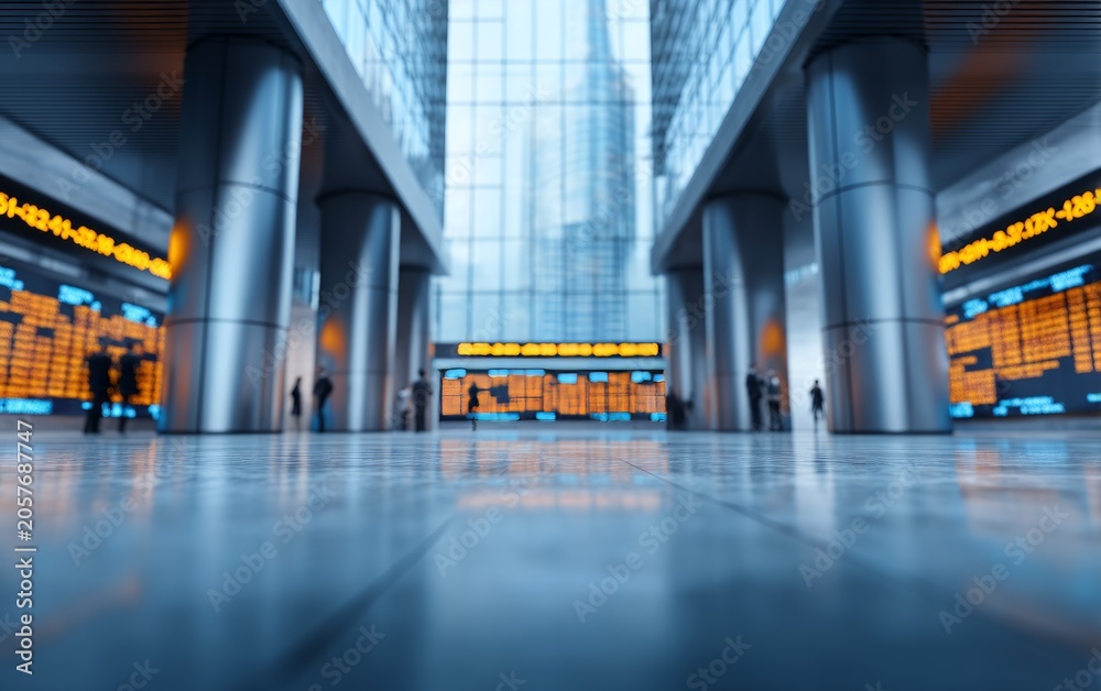 Naklejka premium Modern interior of financial trading floor with electronic stock board