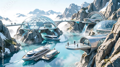 Top mountain and bridge view of icy sea landscape with city ocean glacier snow clouds and winter nature scenery