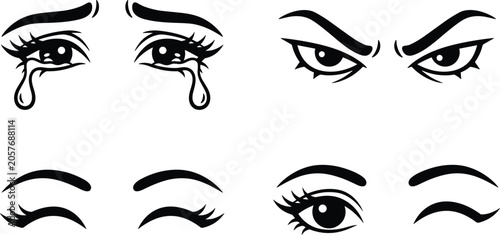 Foto Comic book style female eyes vector collection featuring crying tears angry glar