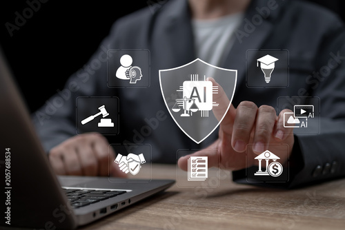 Businessman considering AI ethics, responsible innovation, fairness, privacy, and fraud prevention, balancing artificial intelligence capabilities with accountability, trust, ethical decision-making