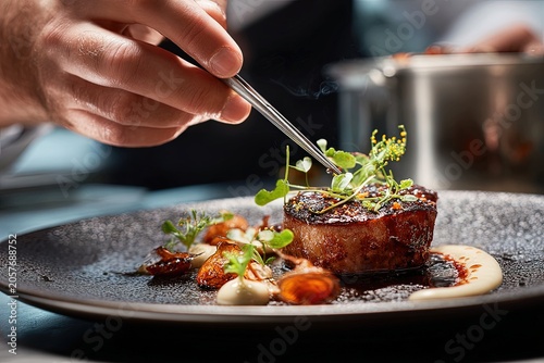 A chef meticulously garnishes a gourmet dish with tweezers, showcasing culinary precision and artistry. The succulent meat centerpiece is surrounded by vibrant microgreens and delicate sauces.