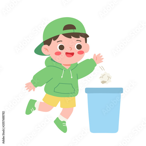 Boy Happily Throws Trash into Bin for Clean Environment