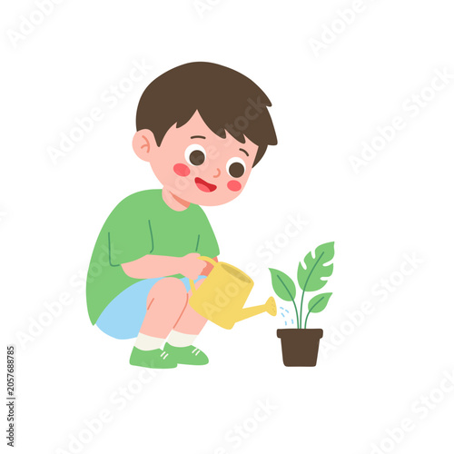 Child Waters a Potted Plant with Care and Joy