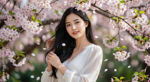 Young Asian woman standing under blooming cherry tree with falling petals. Spring season outdoor portrait showing natural beauty, youth and freshness of nature in park garden scene.