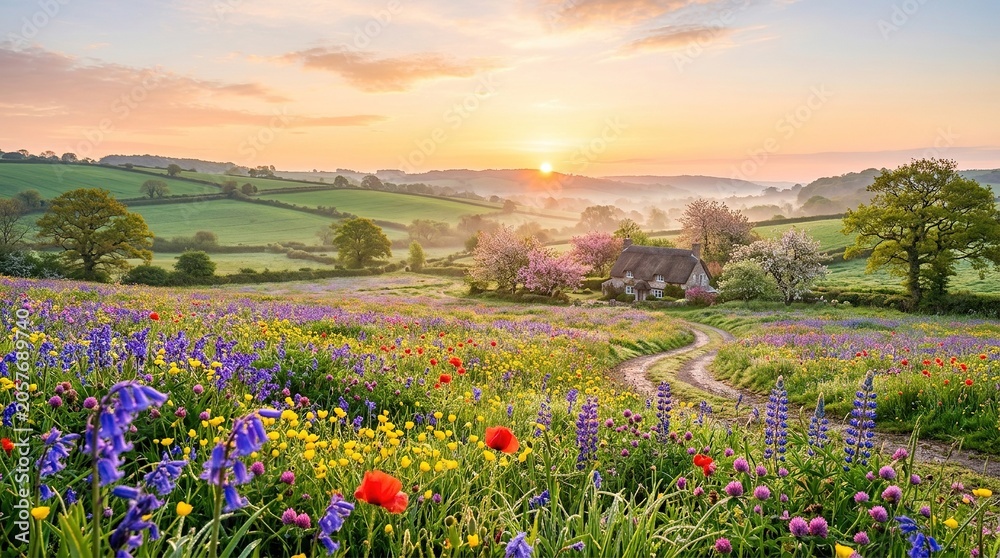 Obraz premium Sunrise over wildflower meadow with blooming lavender and red poppies in rural countryside landscape