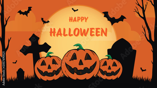 Halloween background with haunted graveyard and pumpkins
