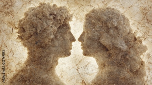 Silhouettes of a male and female figure formed from textured stone material face one another in profile.