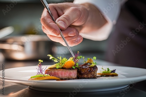 A meticulous chef garnishes a gourmet dish with precision, showcasing culinary artistry on a white plate.