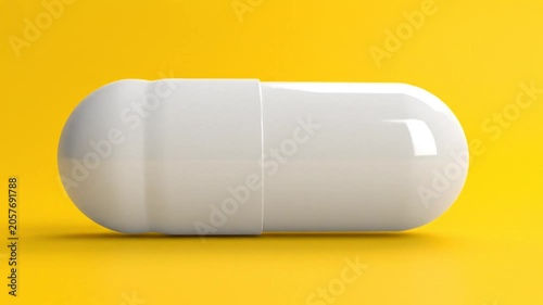 Rotating Close Up of a White Capsule Pill Against a Bright Yellow Background with Dramatic Lighting