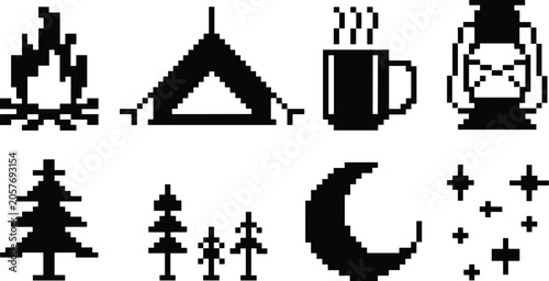 Pixel art icons for camping and outdoor activities