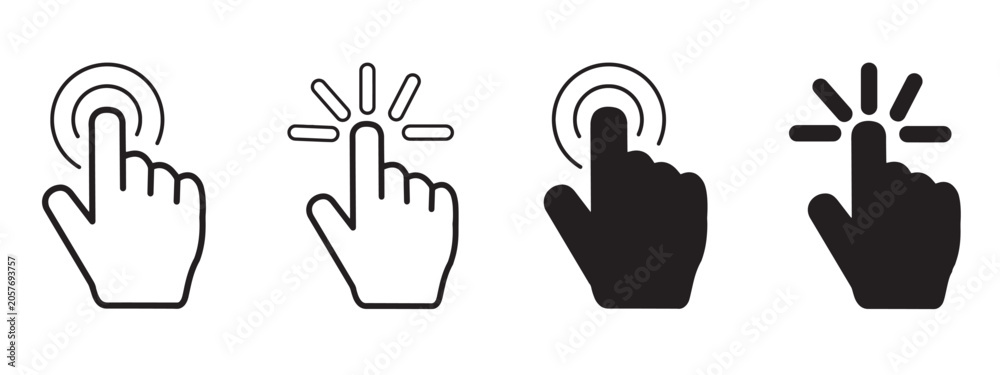 Fototapeta premium Hand click icon set. Pointing hand icons with and without click effect black and white. Hand cursor click icons, vector illustration