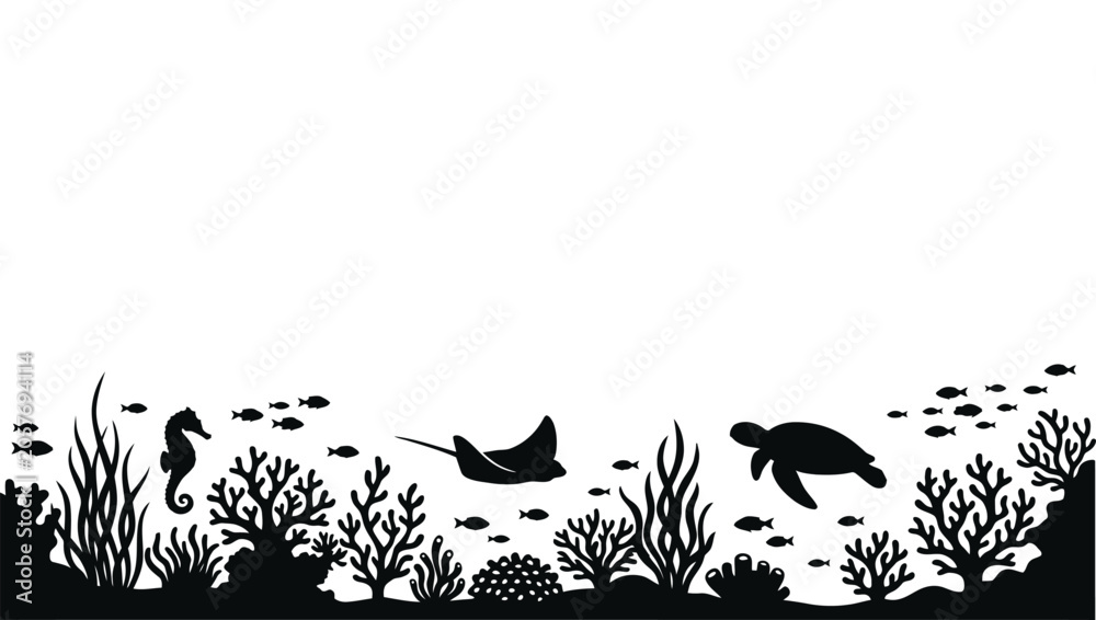 Fototapeta premium Underwater coral reef silhouette with sea turtle, stingray, and seahorse