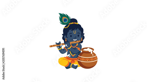 Tableau sur toile Cute Krishna playing flute with butter pot, Indian deity, Hindu god