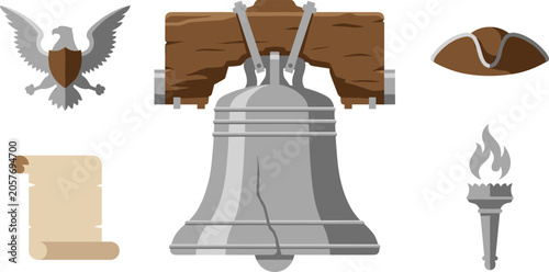 American patriotic vector set featuring Liberty Bell eagle heraldic shield tricorn hat torch and declaration scroll on white background