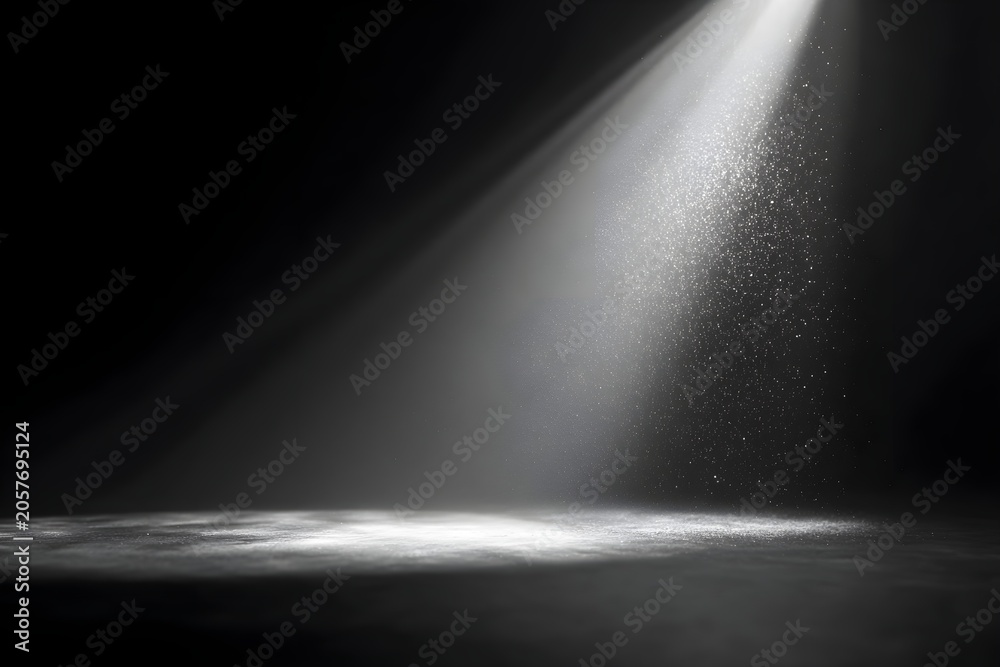 Fototapeta premium Dramatic Spotlight Beam Illuminating Floating Dust Particles Dark Theatre Atmospheric Lighting Ray Graphic Design Asset