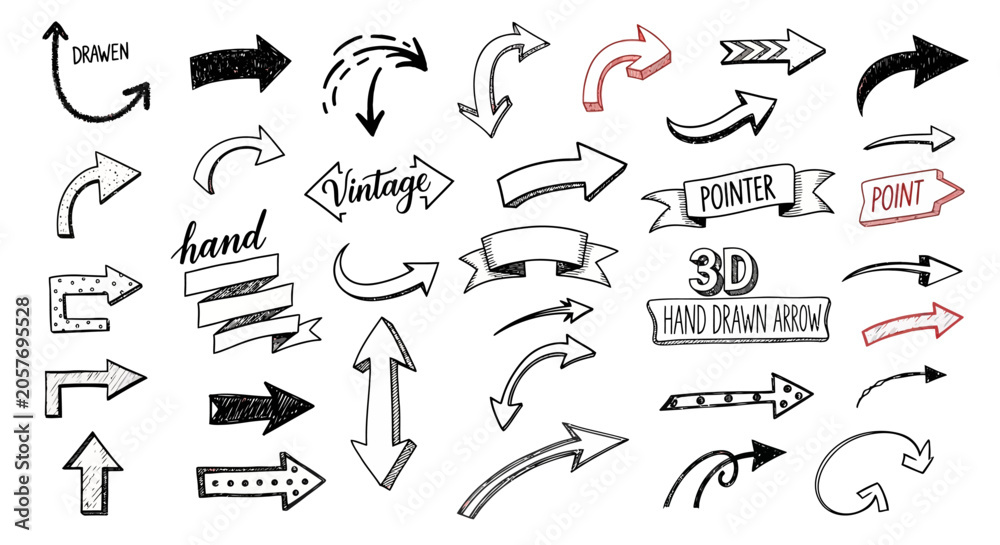 Obraz premium Elegant arrows set for business plan, presentation and education. Sign, Symbol, Hand drawn arrow paint brush design. grunge texture paint brush design. 